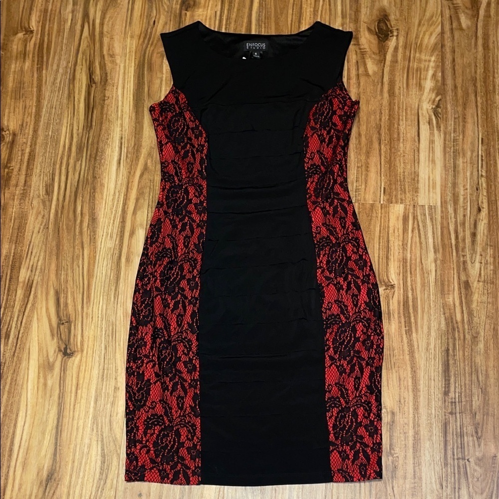 Enfocus Studio women dress 6 small Black Red Lace sleeveless ruffle stretch NWT